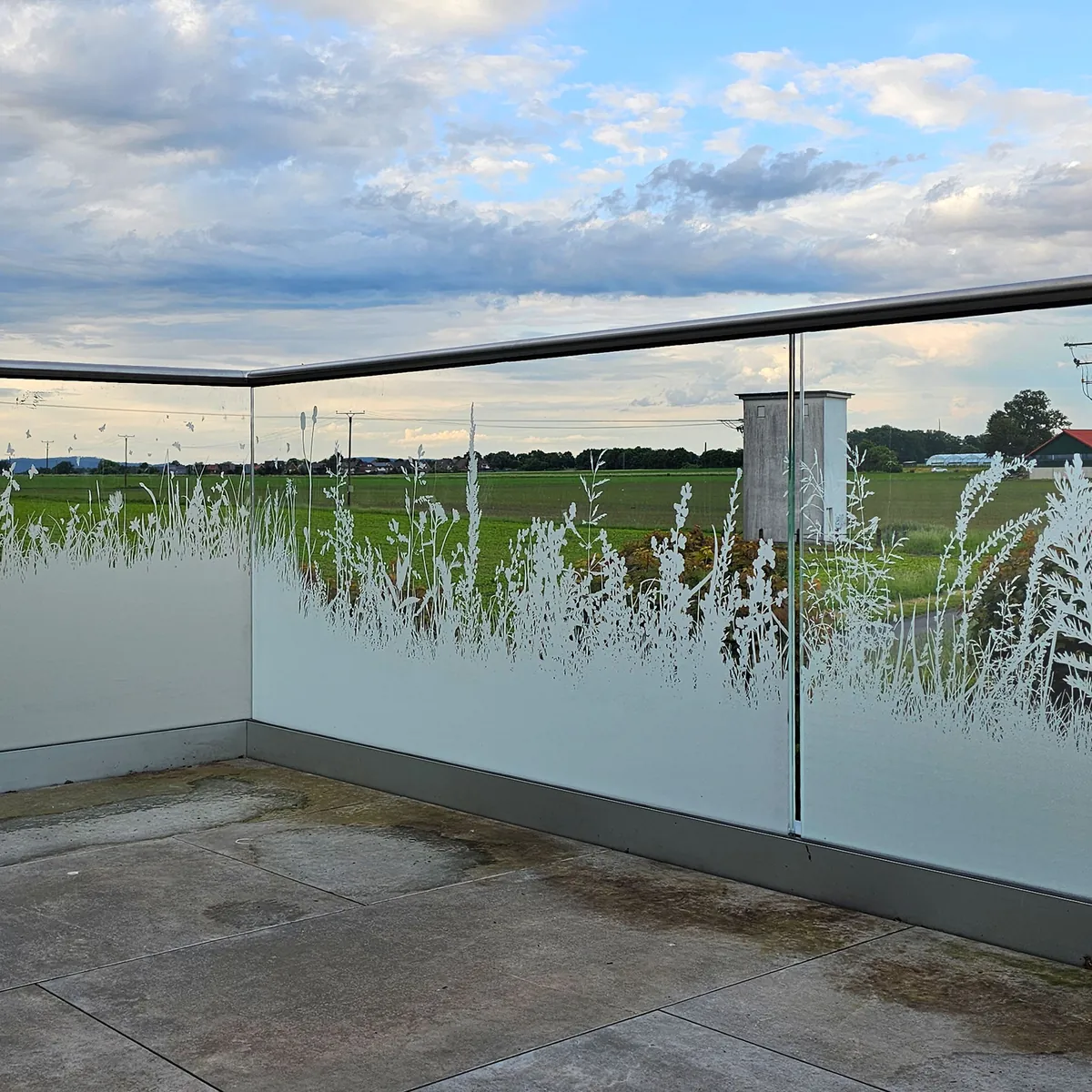 Balkongeländer aus Glas mit satiniertem Gräsermotiv an einer Dachterrasse