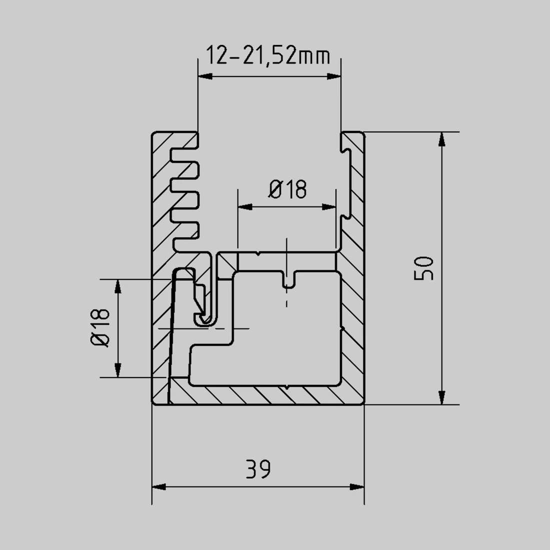Schnitt Seitenprofil VIEW 50 × 39 mm für Glas 12 bis 21,52 mm