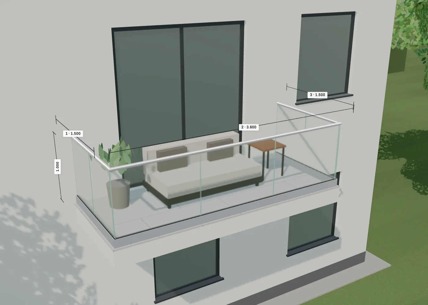 Glasgeländer-Konfigurator in 3D: Balkon in U-Form mit Ganzglasgeländer und Handlauf an einem modernen Haus, mit Maßketten
